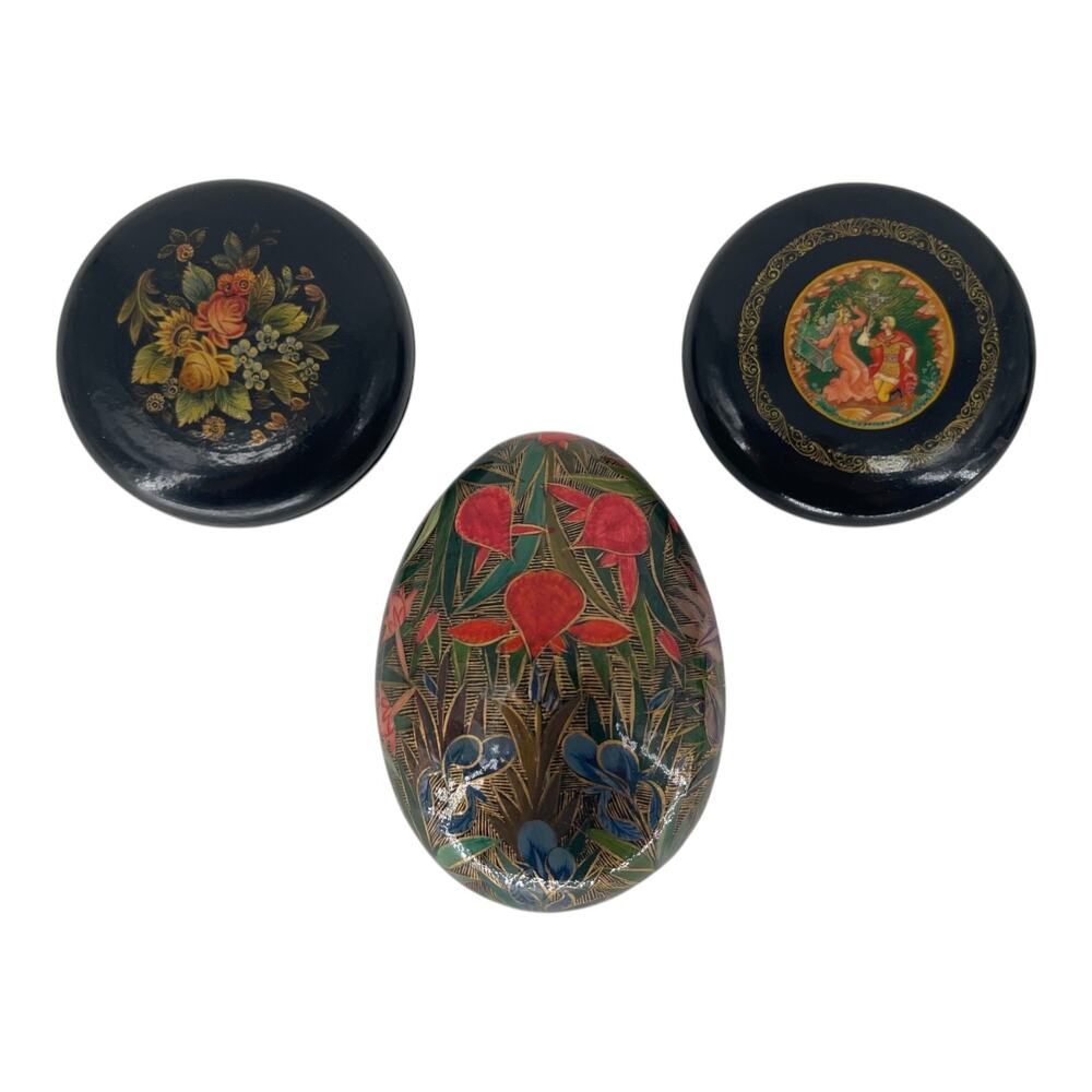 Lot of 3 Vintage Lacquer Boxes USSR & Kashmir Hand Painted Trinket Jewelry Boxes